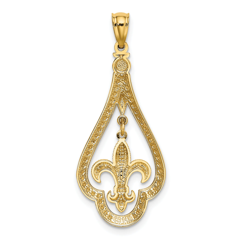 14K Gold Diamond-Cut Polished Fleur de Lis Dangle Pendant  Elegant, Moveable Design