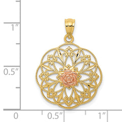 14k Yellow and Rose Polished Rose in Round Filigree Charm