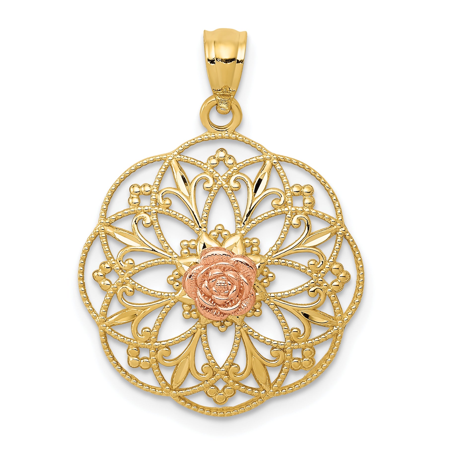 14k Yellow and Rose Polished Rose in Round Filigree Charm