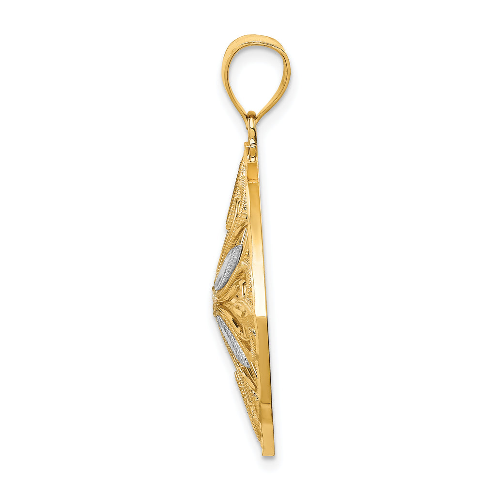 14K Gold Rhodium-Accented Fancy Square Charm with Diamond-Cut Design