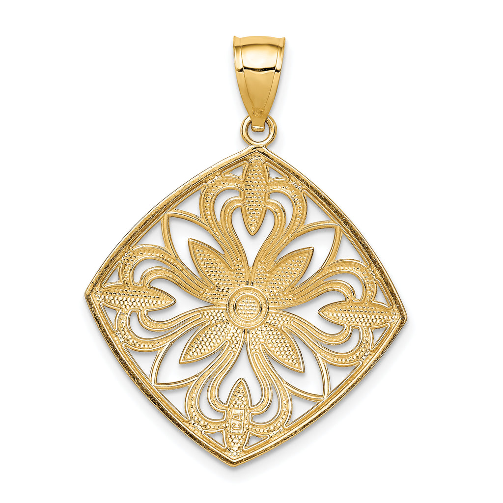 14K Gold Rhodium-Accented Fancy Square Charm with Diamond-Cut Design