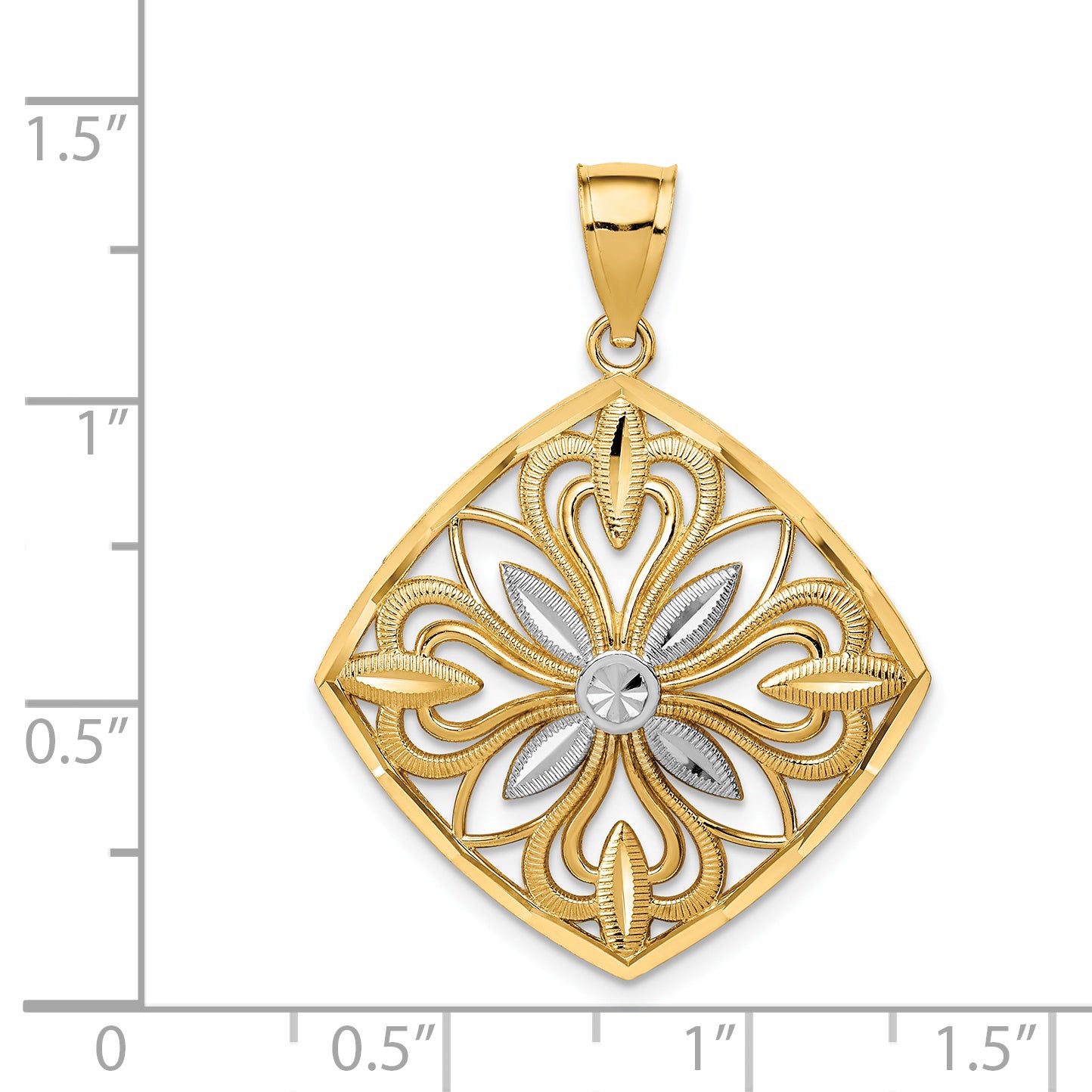 14K Gold Rhodium-Accented Fancy Square Charm with Diamond-Cut Design