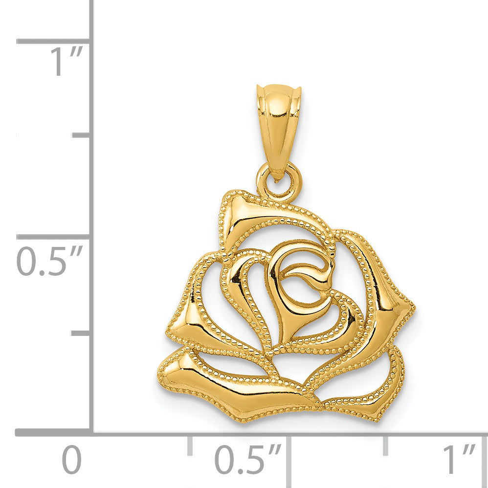14K Gold Polished Open Rose Pendant  Elegant and Textured Design