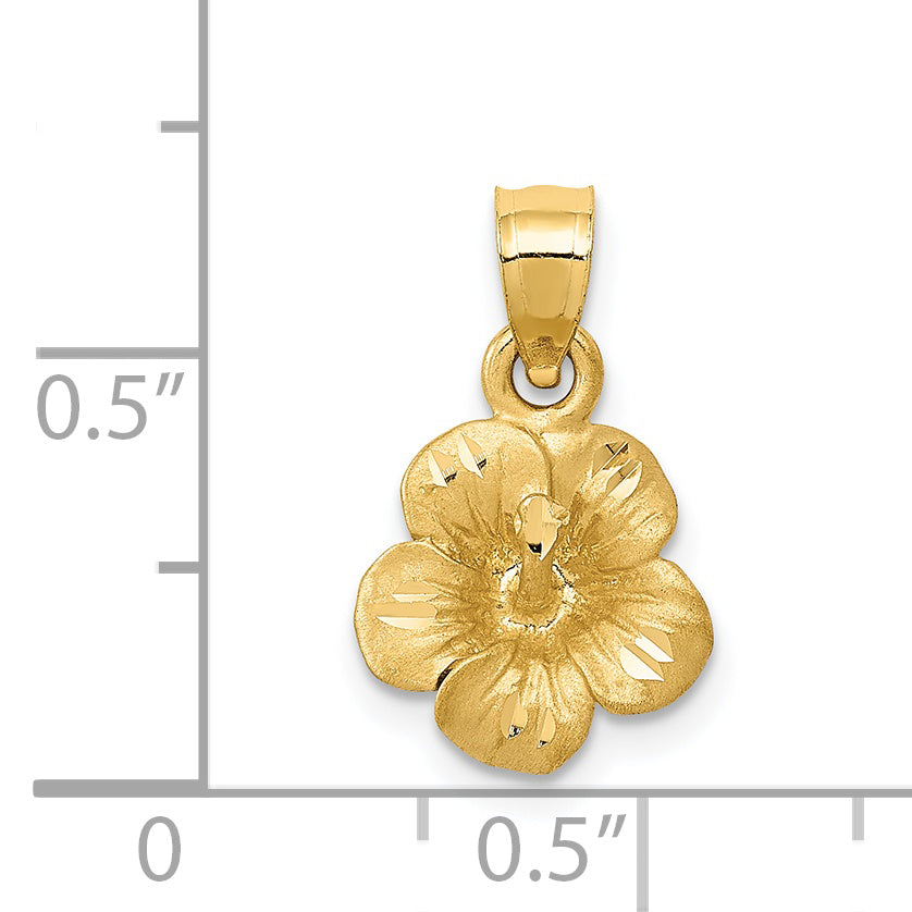 14K Gold Satin Diamond-Cut Hibiscus Flower Pendant  Elegant Floral Design