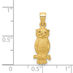 14K Gold Satin Diamond-Cut Owl Pendant Brushed Finish, Casted Solid