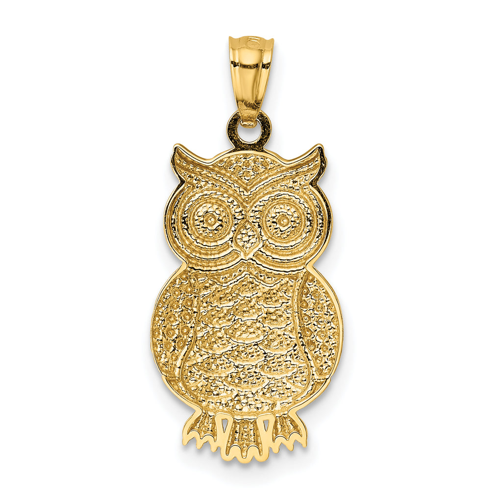 14K Gold Rhodium Accented Owl Pendant with Polished Textured Finish Men's