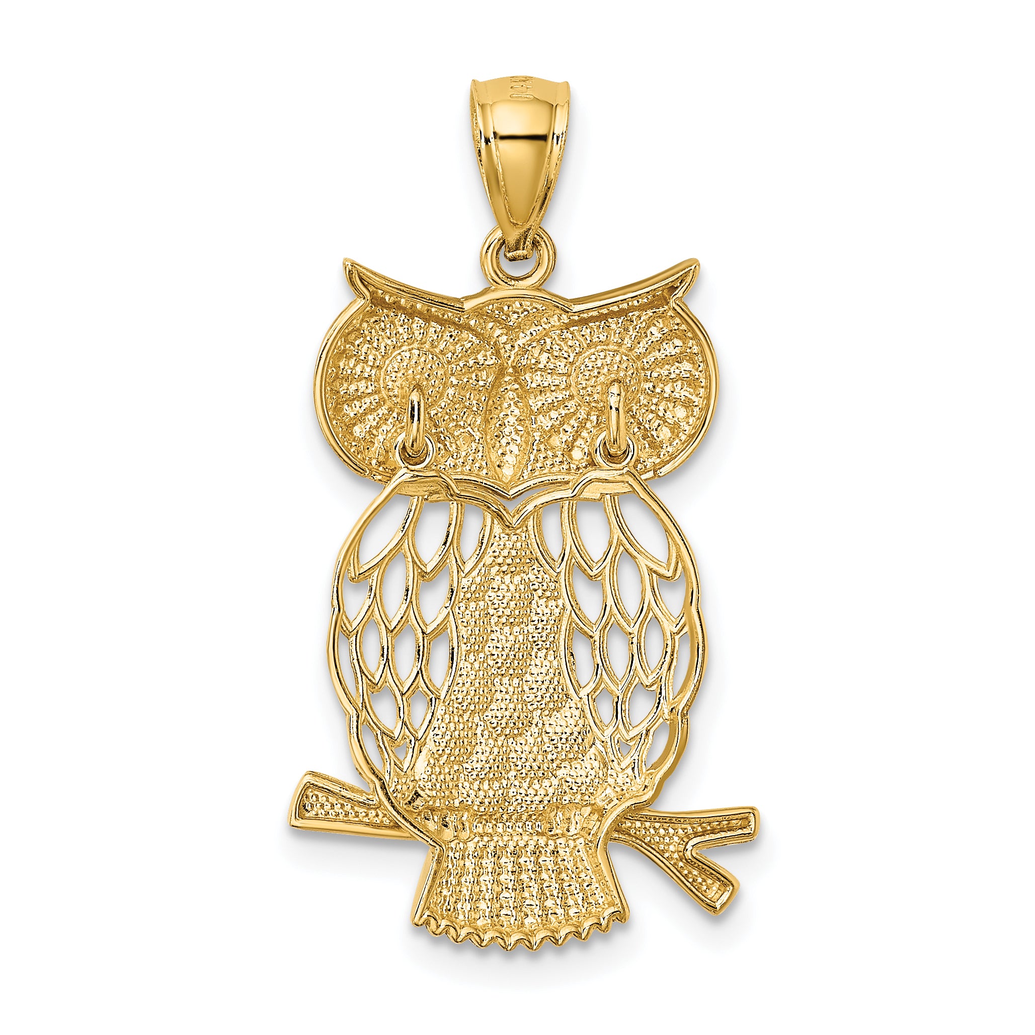 14K Gold Rhodium Diamond-Cut Moveable Owl Pendant Polished Finish