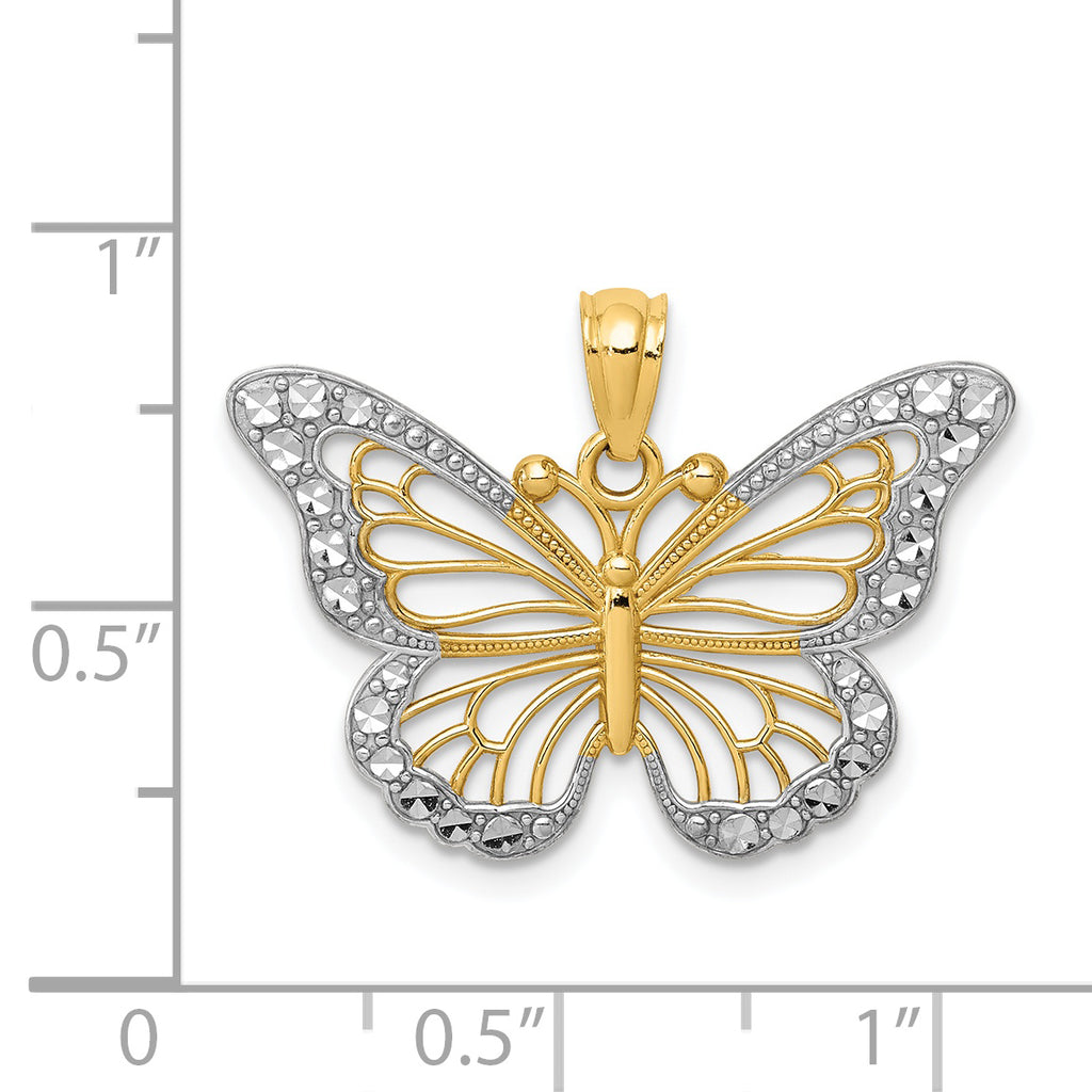 14K Gold Diamond-Cut Polished Butterfly Pendant with Rhodium Accents  Elegant, Timeless Design