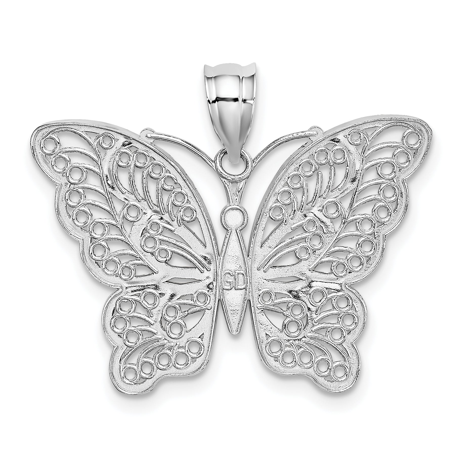 14K White Gold Two-Tone Filigree Butterfly Pendant with Polished Finish