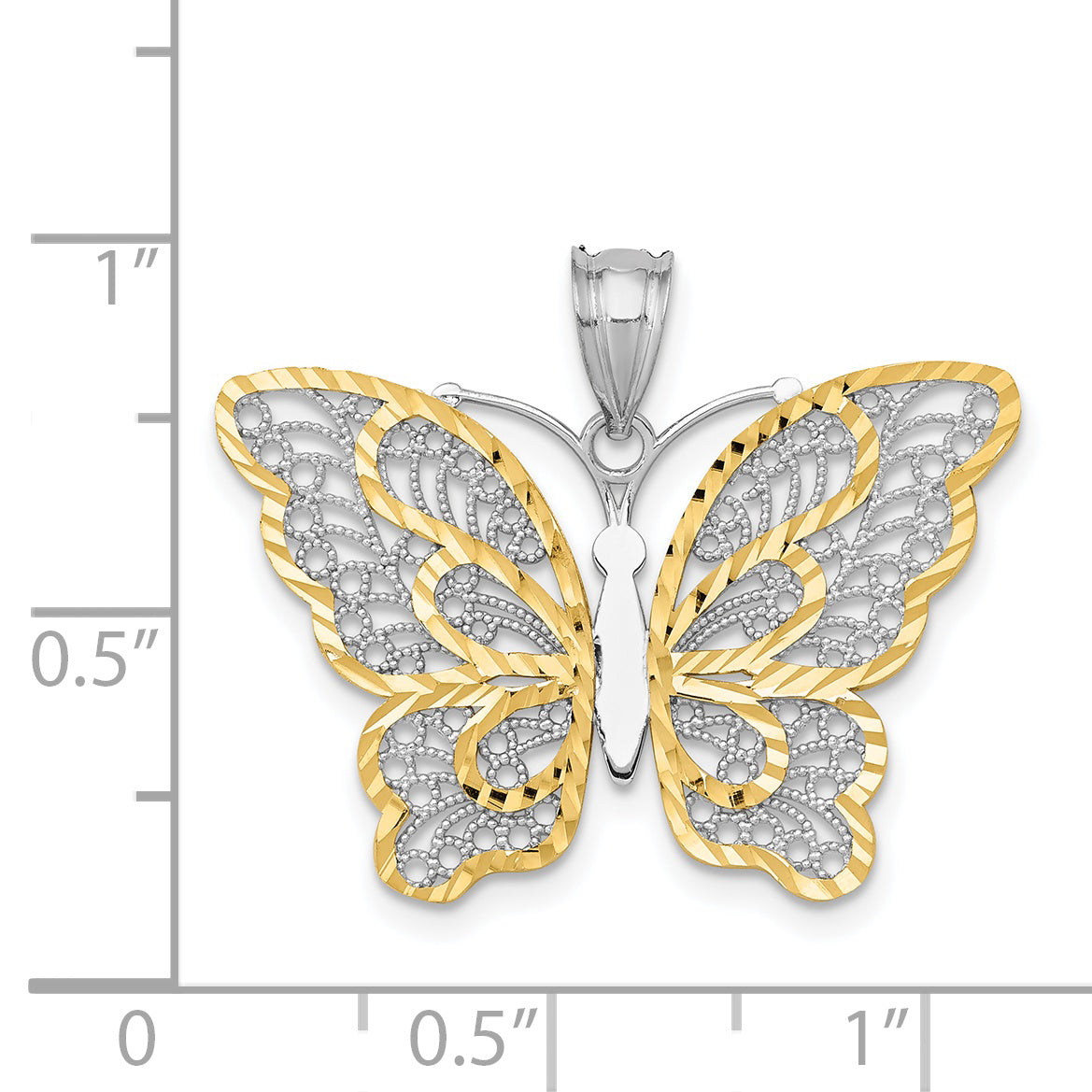 14K White Gold Two-Tone Filigree Butterfly Pendant with Polished Finish