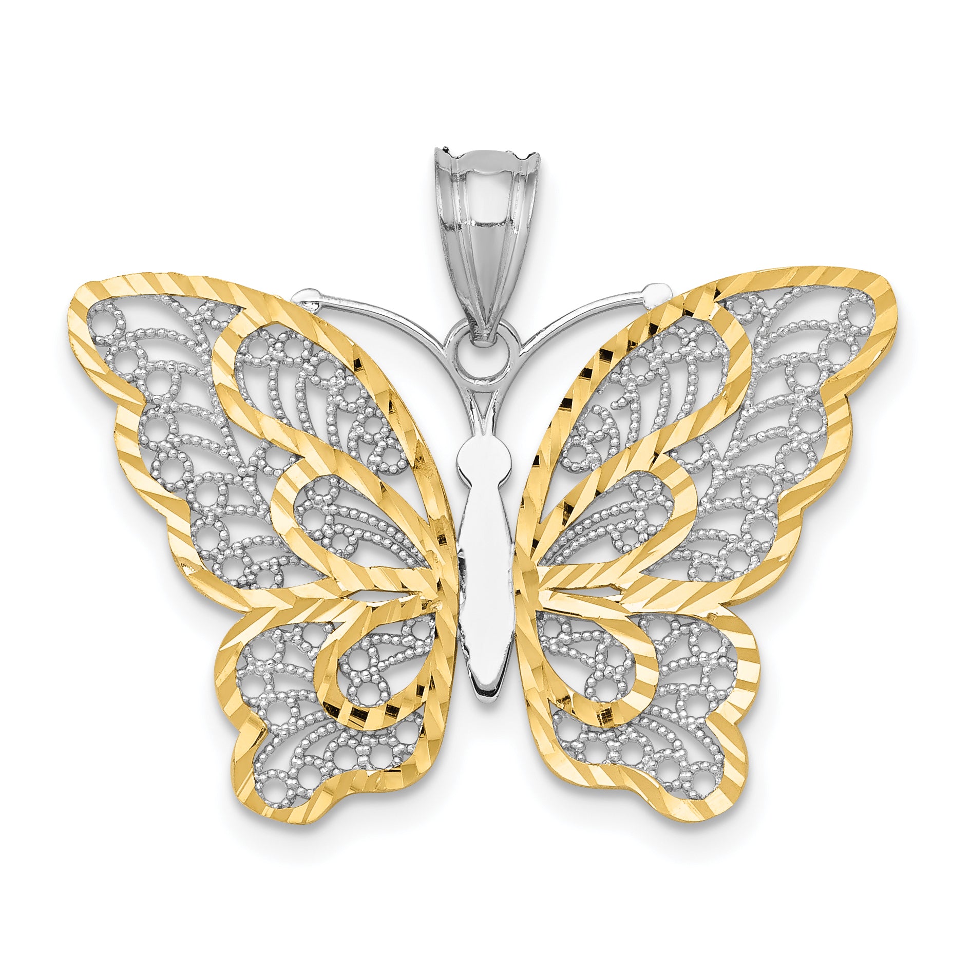 14k White Gold W/Yellow Rhodium Polished Filigree Butterfly Pendant Main image