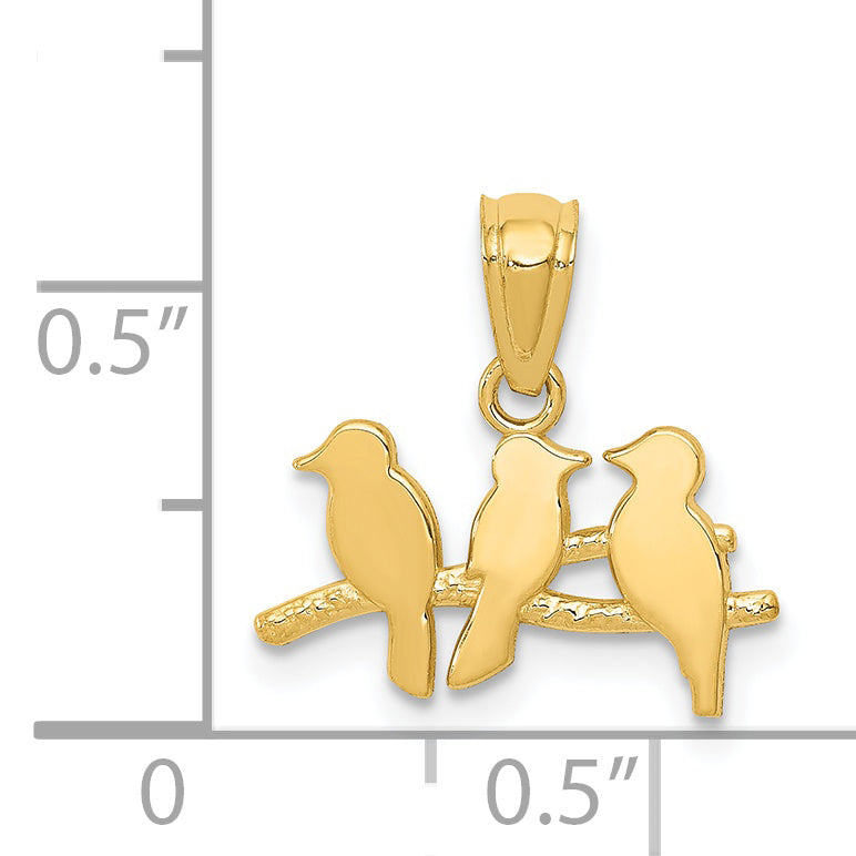 14K Gold Polished Three Birds on Branch Pendant  Elegant Cast Design by Sophia Jewelers
