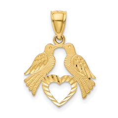 14K Gold Polished Love Birds with Heart Pendant, Diamond-Cut, Reversible