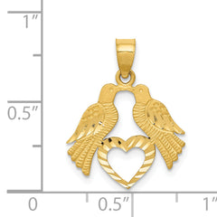 14K Gold Polished Love Birds with Heart Pendant, Diamond-Cut, Reversible