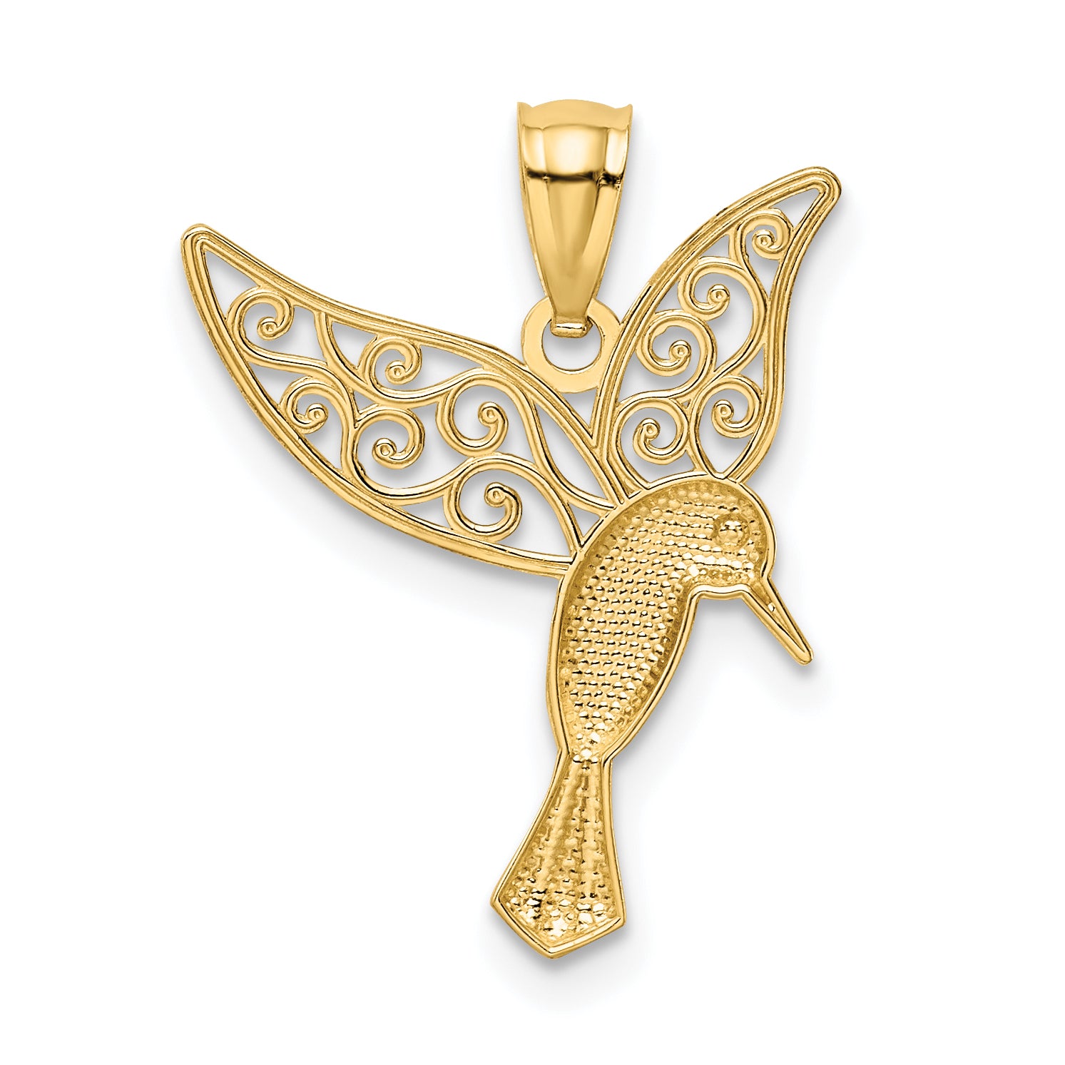 14K Gold & Rhodium Hummingbird Filigree Pendant  Polished, Elegant Design