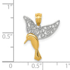 14K Gold & Rhodium Hummingbird Filigree Pendant  Polished, Elegant Design