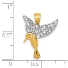 14K Gold & Rhodium Hummingbird Filigree Pendant  Polished, Elegant Design