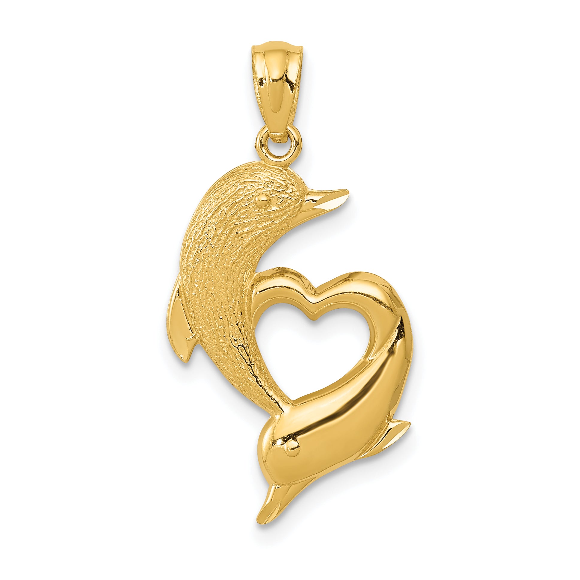 14K D/C Satin and Polished Dolphins Heart Pendant Main image