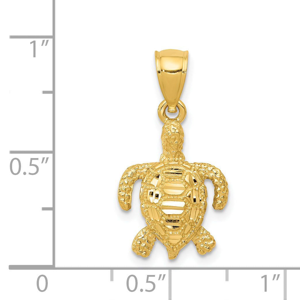14K Gold Polished Diamond-Cut Sea Turtle Pendant with Textured Finish