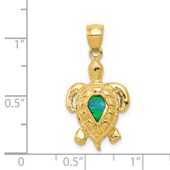 14K Gold Polished Blue Opal Turtle Pendant  Elegant, Lab-Created Gem