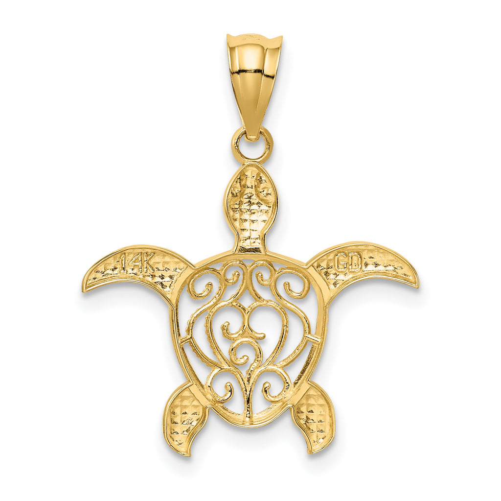 14K Gold Polished Filigree Sea Turtle Pendant  Elegant Casted Design