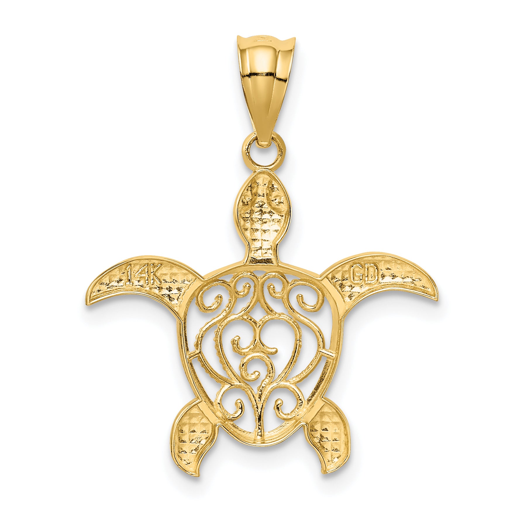 14K Gold Polished Filigree Sea Turtle Pendant  Elegant Casted Design