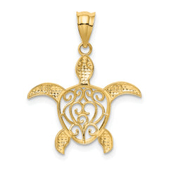 14K Gold Polished Filigree Sea Turtle Pendant  Elegant Casted Design