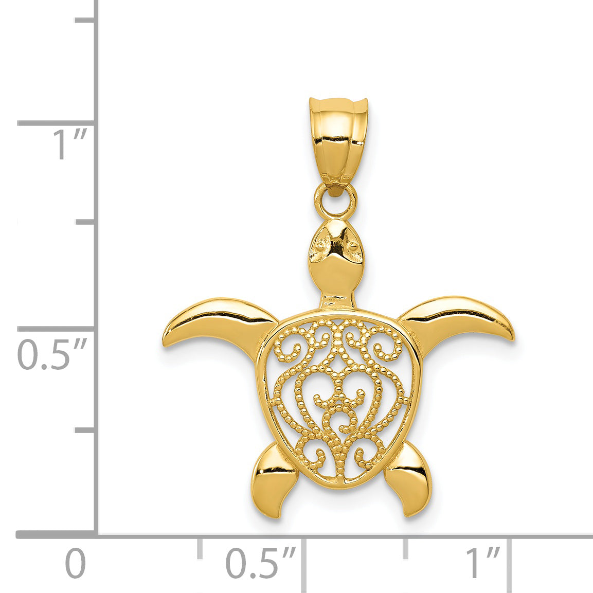 14K Gold Polished Filigree Sea Turtle Pendant  Elegant Casted Design