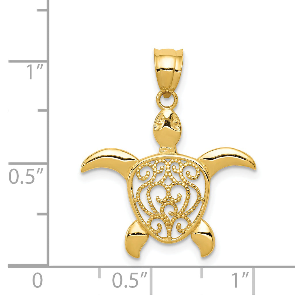 14K Gold Polished Filigree Sea Turtle Pendant  Elegant Casted Design