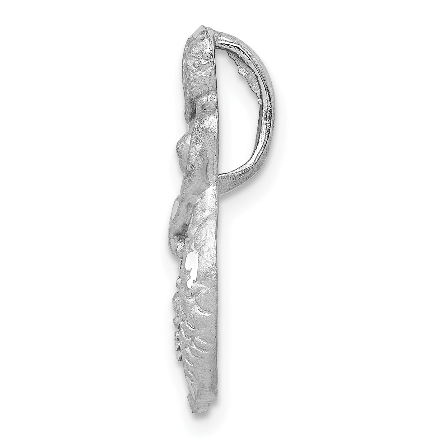 14K White Gold Satin and Diamond-Cut Mermaid Slide Pendant Elegant Rhodium Finish