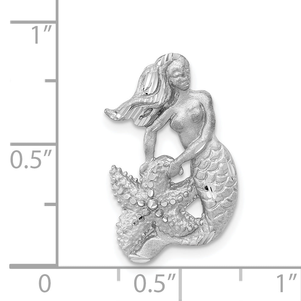14K White Gold Satin and Diamond-Cut Mermaid Slide Pendant Elegant Rhodium Finish