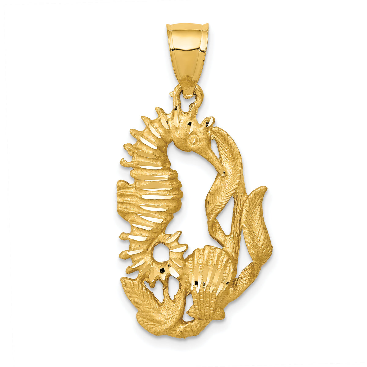 14K Polished Diamond-cut Seahorse with Shell Pendant