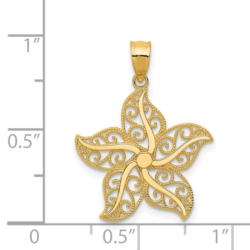 14K Gold Polished Filigree Starfish Pendant with Textured Design