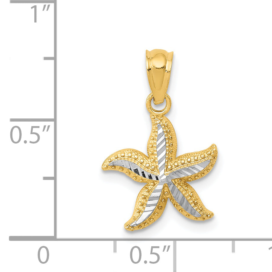 14K Gold Starfish Pendant with White Rhodium Diamond-Cut Finish