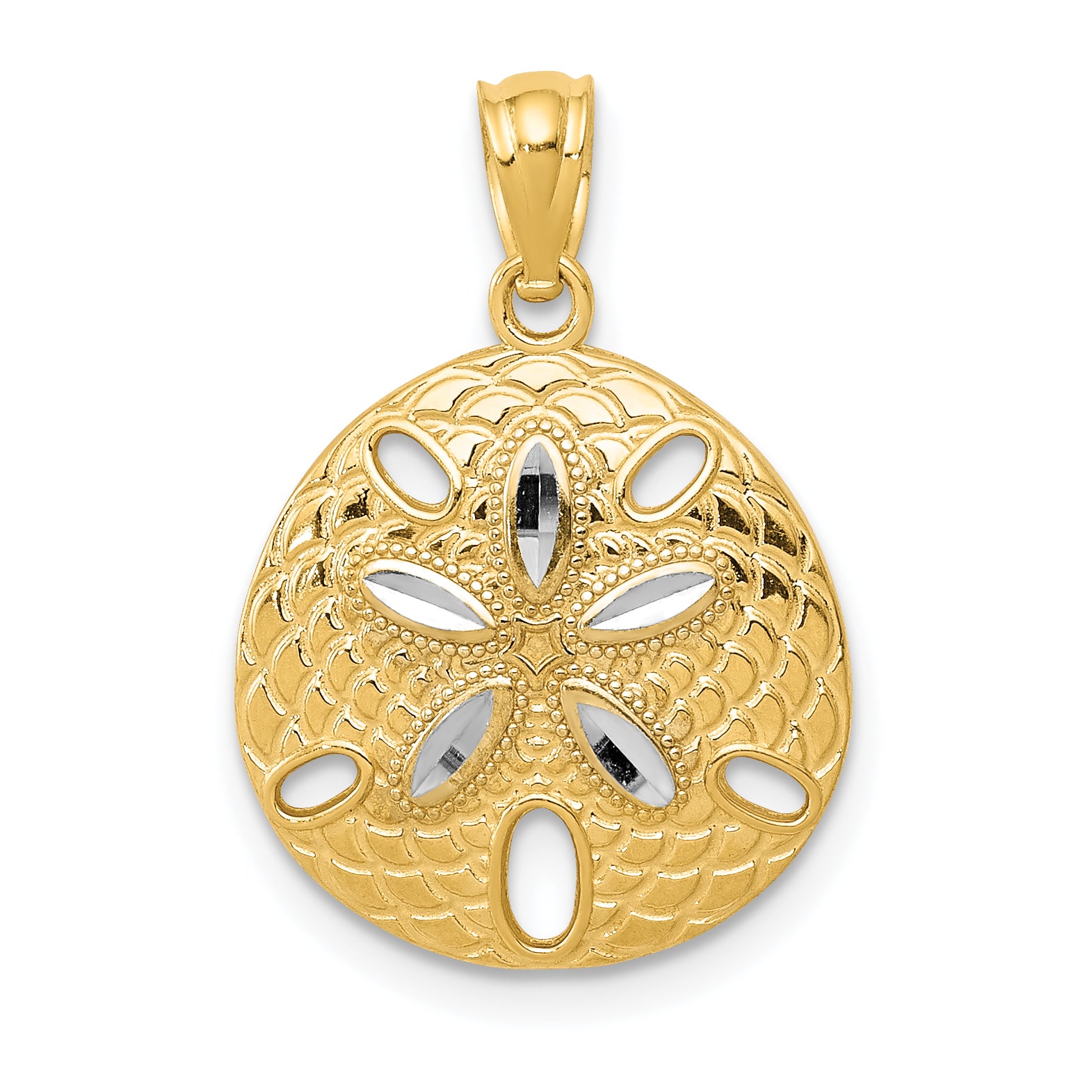 14k w/Rhodium Diamond-cut Polished Sand Dollar Pendant Main image