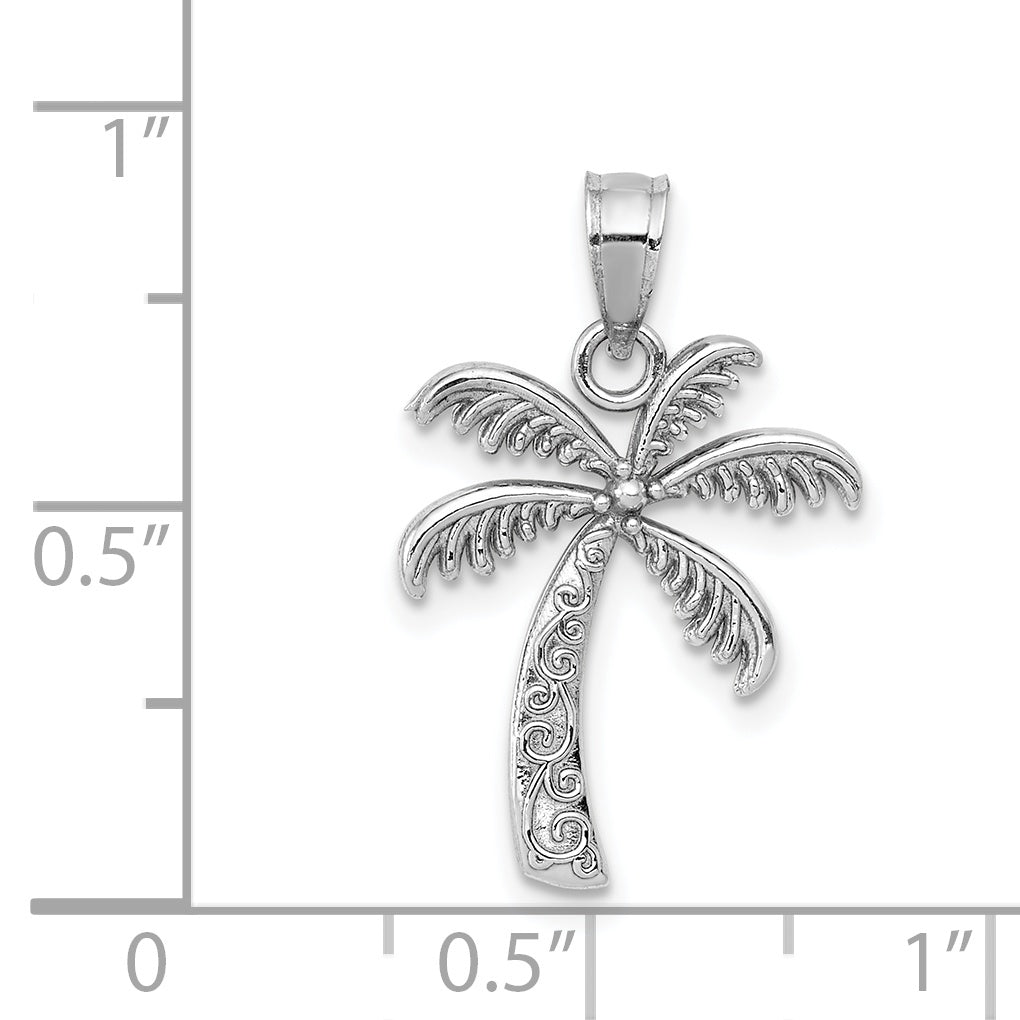 14K White Gold Polished Palm Tree Pendant with Rhodium Finish for Men