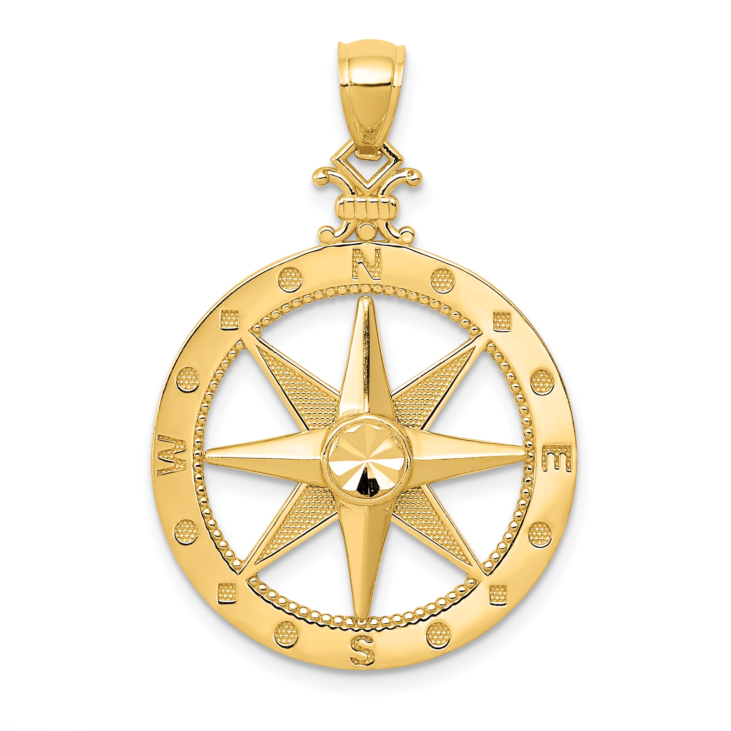 14K Diamond-Cut Polished and Satin Compass Pendant