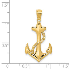 14K Gold Polished Anchor Pendant with Rope  Textured, Men's