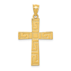 14K Gold Polished Greek Key Cross Pendant  Elegant, Textured Design