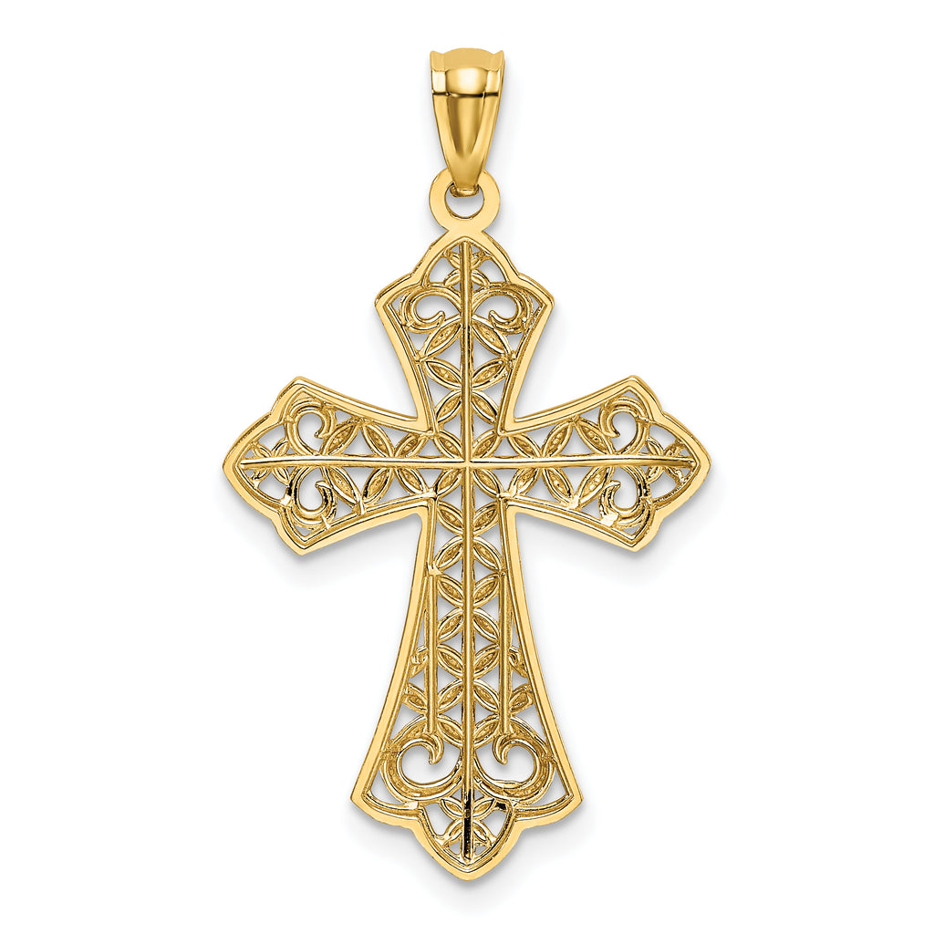 14K Gold Polished Filigree Cross Pendant with Rhodium Accents