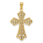 14K Gold Polished Filigree Cross Pendant with Rhodium Accents