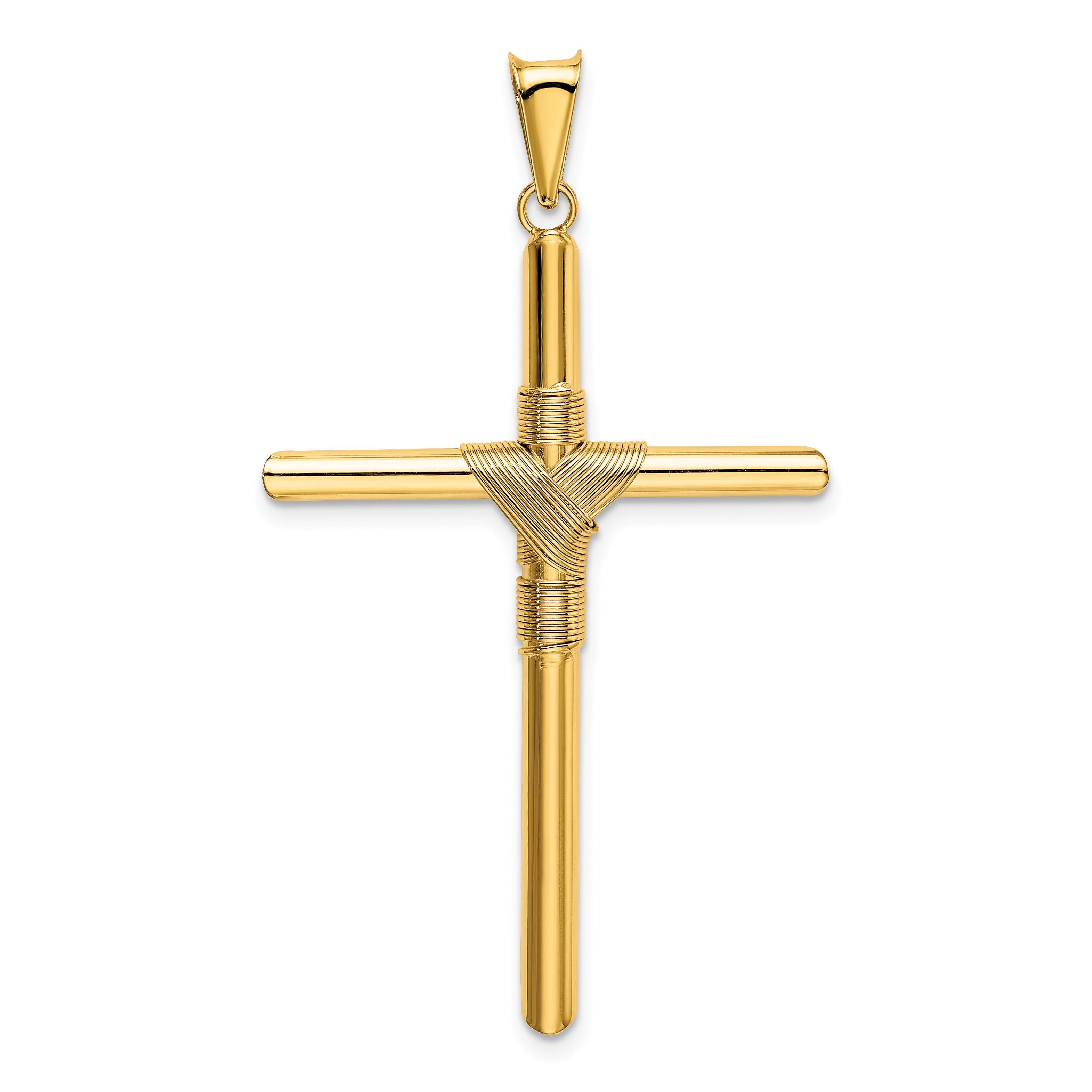 14K Gold Polished Cross Pendant with 3D Center Wrap Design