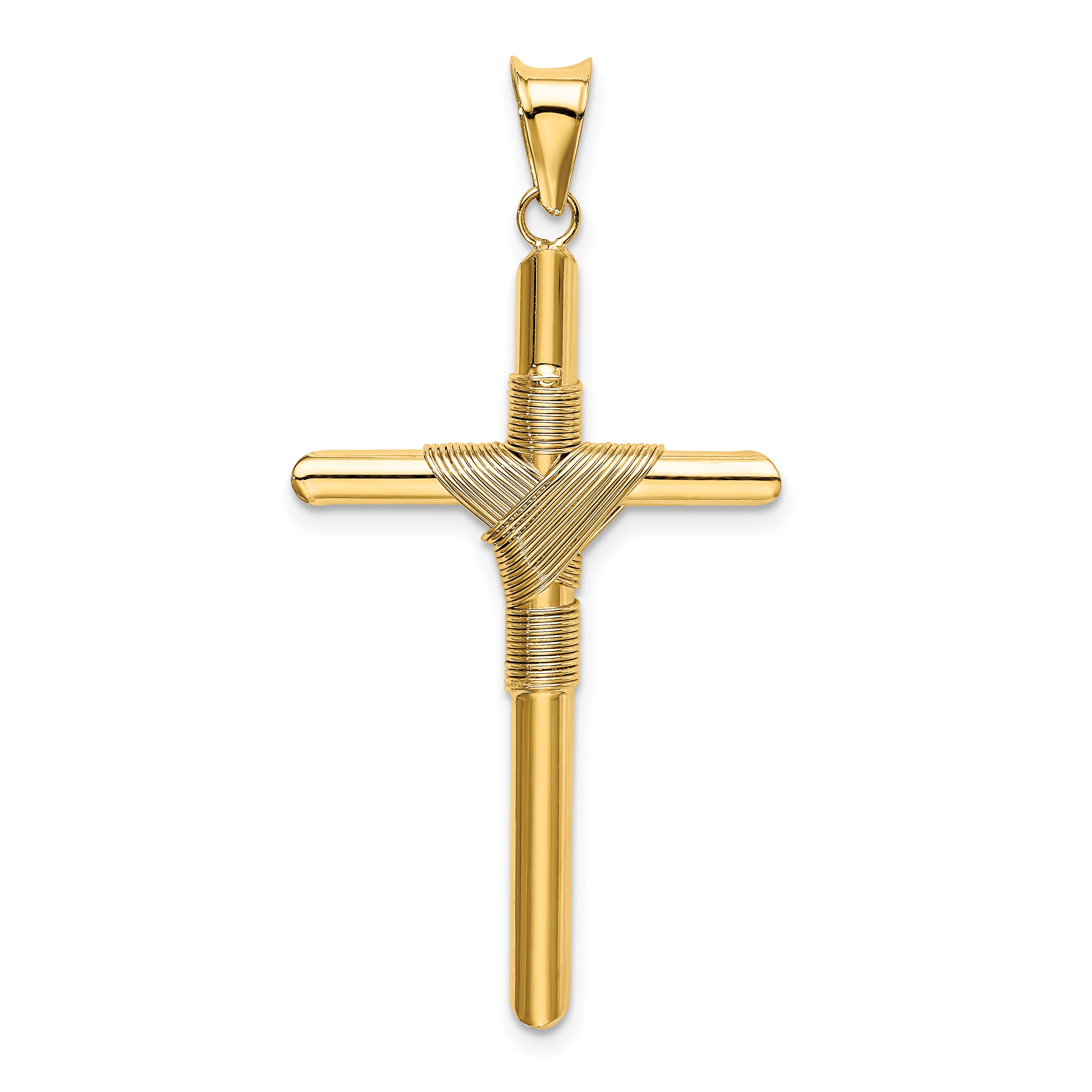 14K Gold Polished Cross Pendant with Center Wrap  Elegant 3D Design