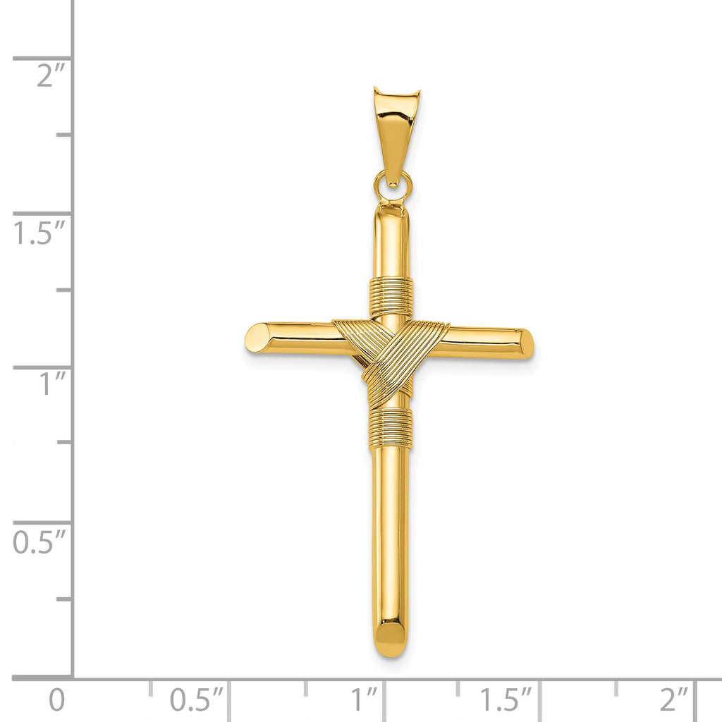 14K Gold Polished Cross Pendant with Center Wrap  Elegant 3D Design