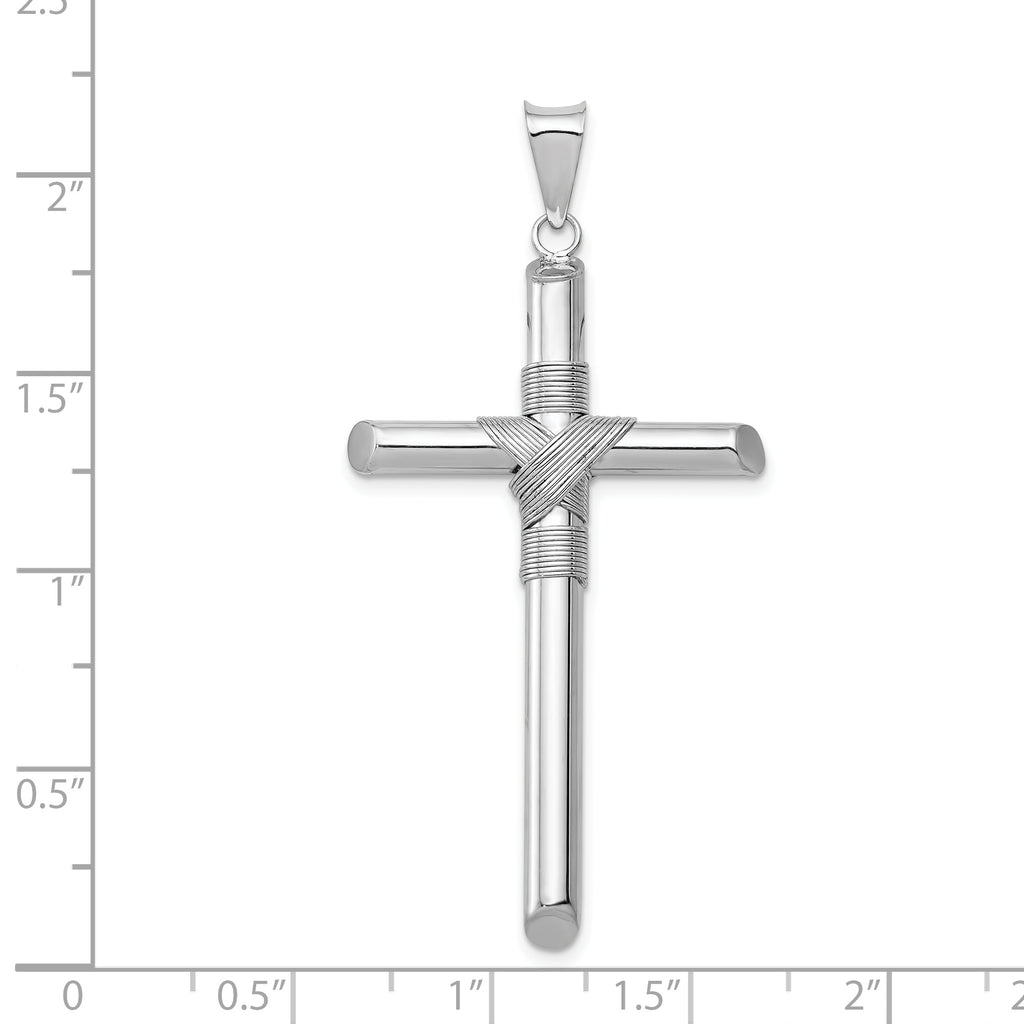 14K White Gold Polished Cross Pendant with Center Wrap & Rhodium Finish