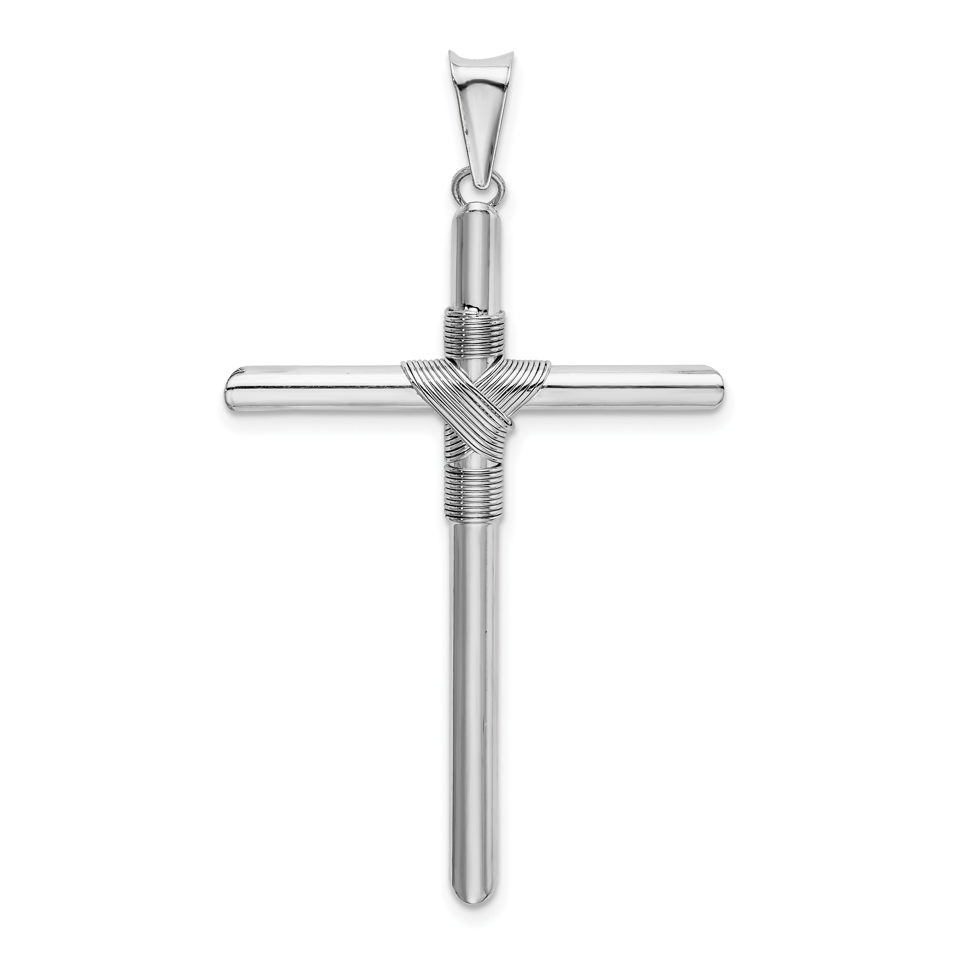 14K White Gold Cross Pendant with Polished 3D Tube Wrap Design