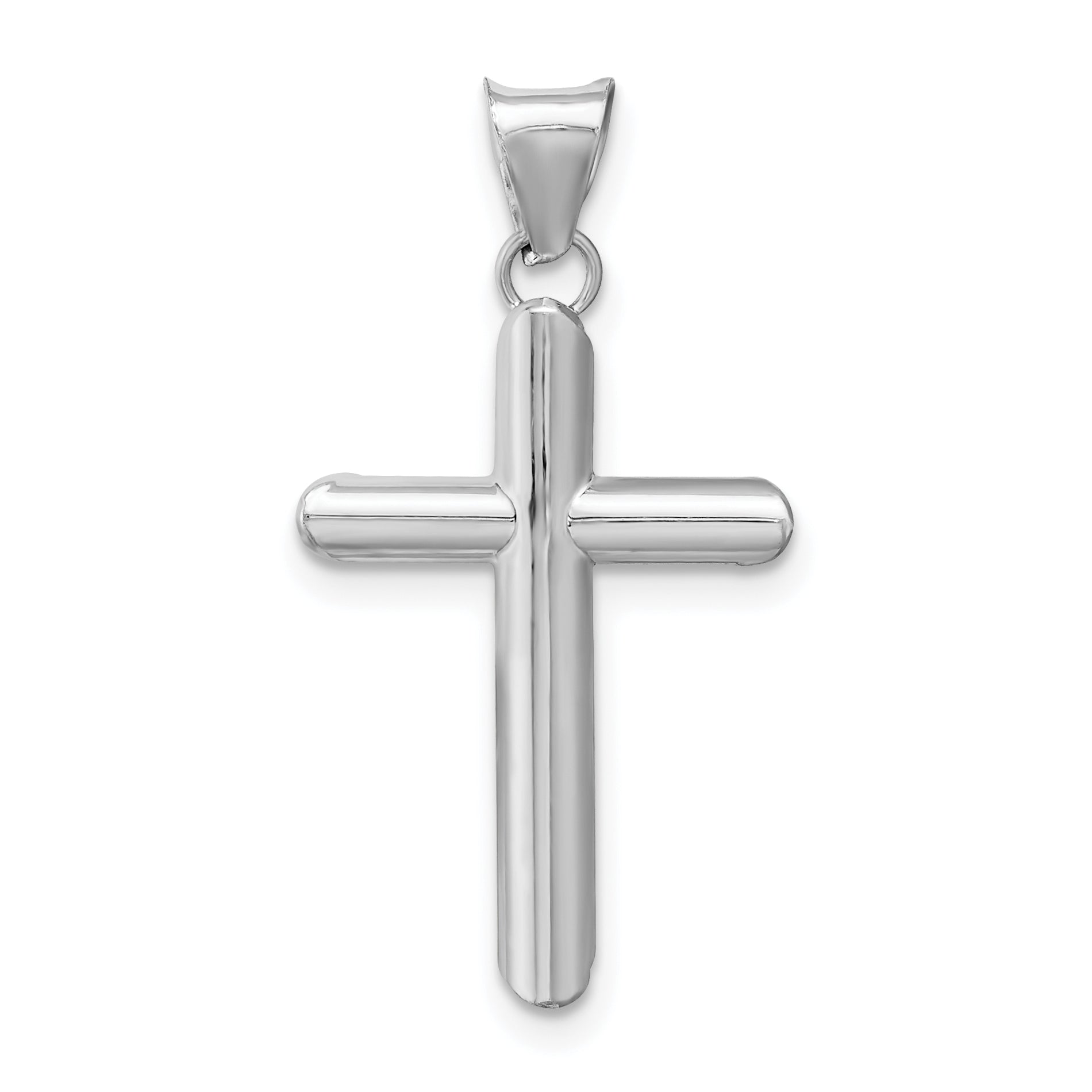 14K White Gold Polished Tube Cross Pendant with Rhodium Finish