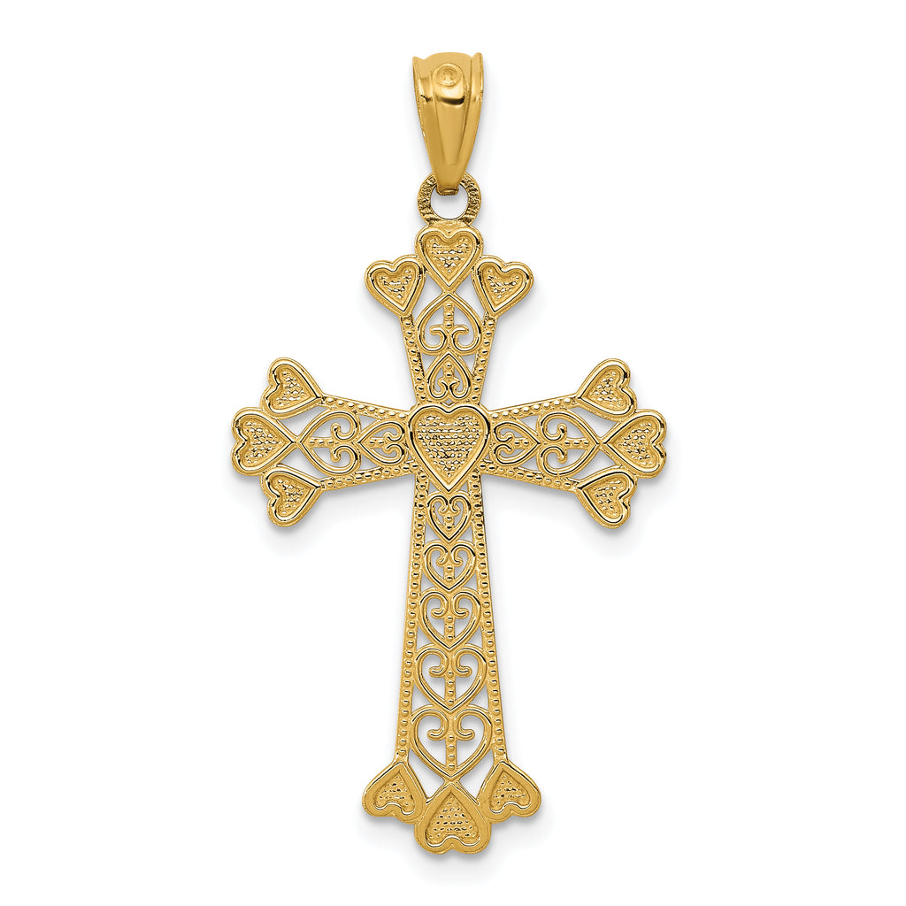 14K Gold Diamond-Cut Polished Filigree Cross Pendant with Hearts, Reversible