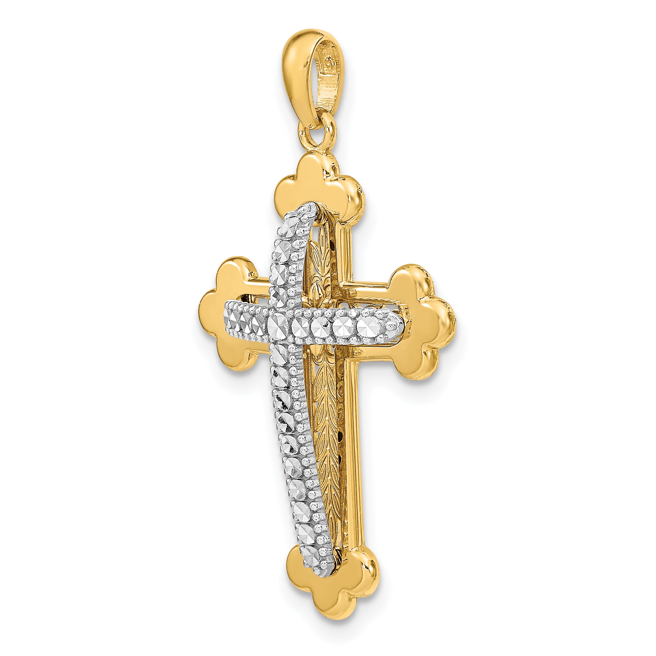 14K Two-Tone Gold 3D Cross Pendant with Diamond-Cut Polished Finish