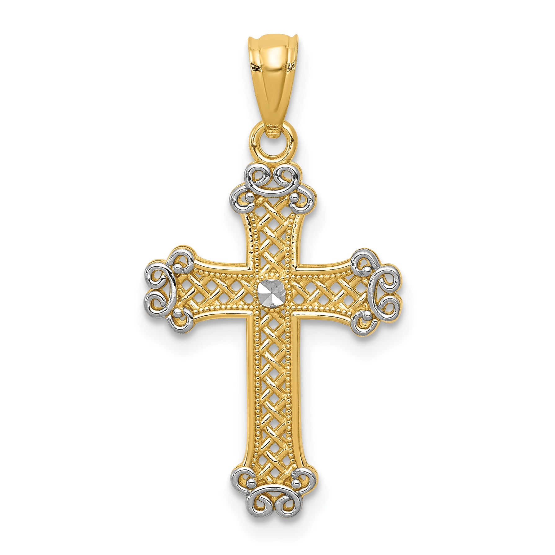 14k w/Rhodium Diamond-cut Filigree Cross Pendant Main image